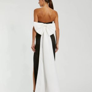 Black Satin Strapless Bustier Gown With Oversized Bow