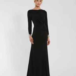 Black Long Sleeve Jersey Gown With Beaded Cuff Sleeves
