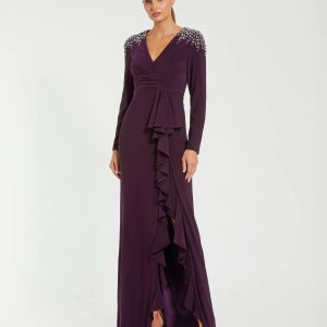 Purple Long Sleeve Gown with Cascading Ruffle & Rhinestone Shoulders