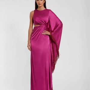 Purple Charmeuse Kaftan Sleeve Gown With Fringe Detail