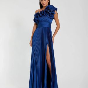 Blue Pleated Charmeuse One-Shoulder Evening Gown with Ruffle Detail