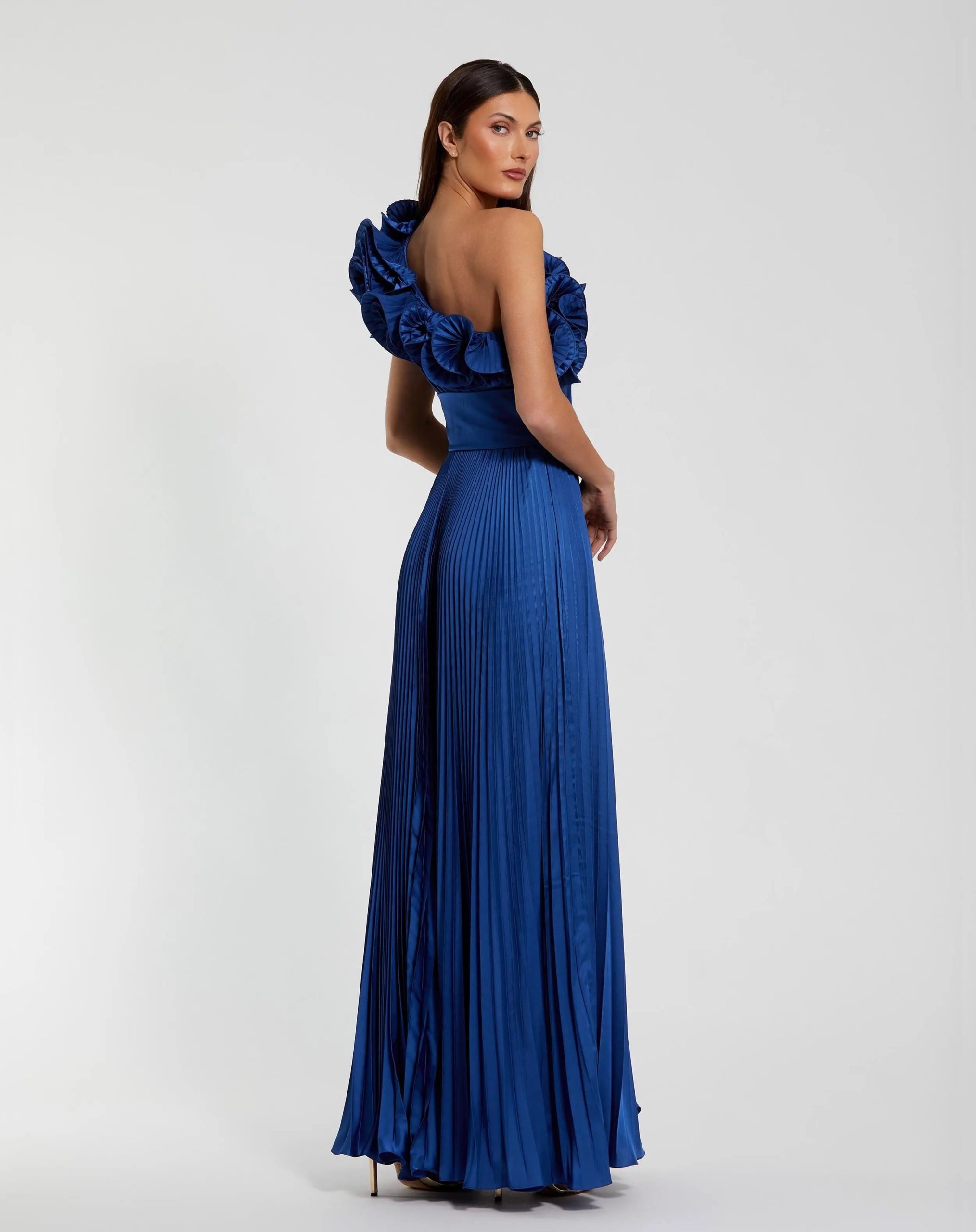 Blue Pleated Charmeuse One-Shoulder Evening Gown with Ruffle Detail - Image 3