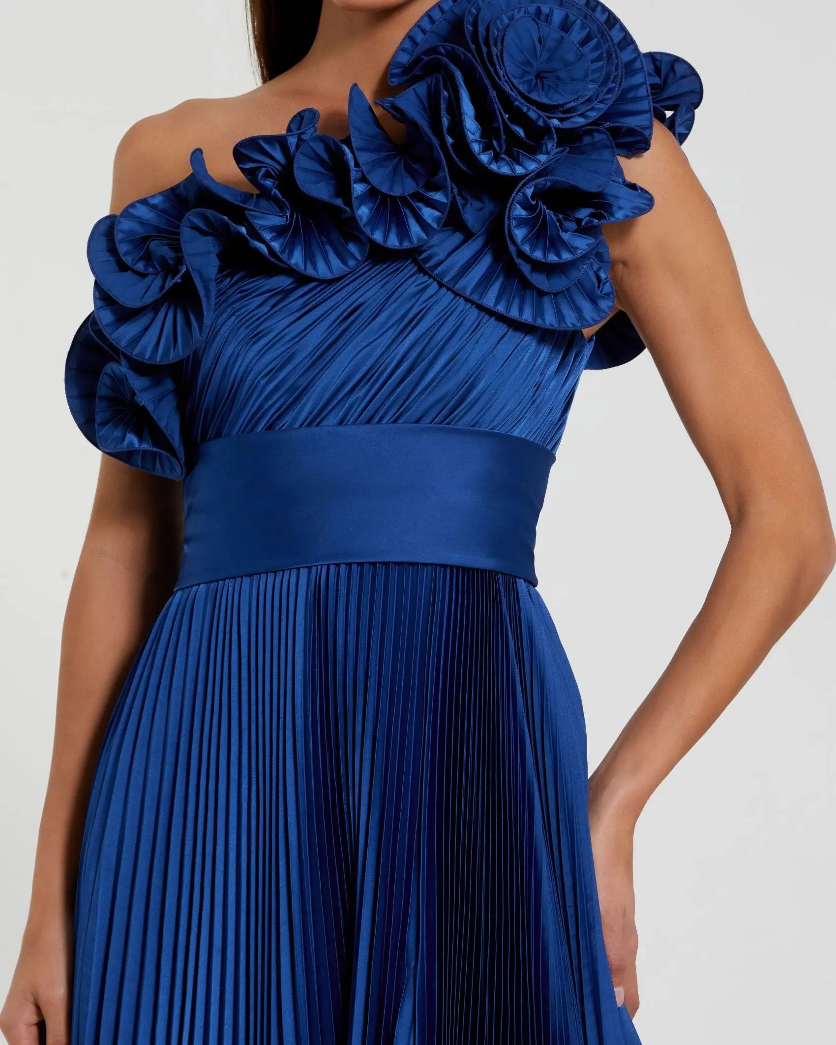 Blue Pleated Charmeuse One-Shoulder Evening Gown with Ruffle Detail - Image 2