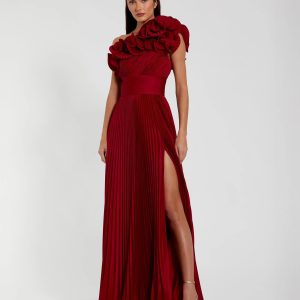 Red Pleated Charmeuse One-Shoulder Evening Gown with Ruffle Detail