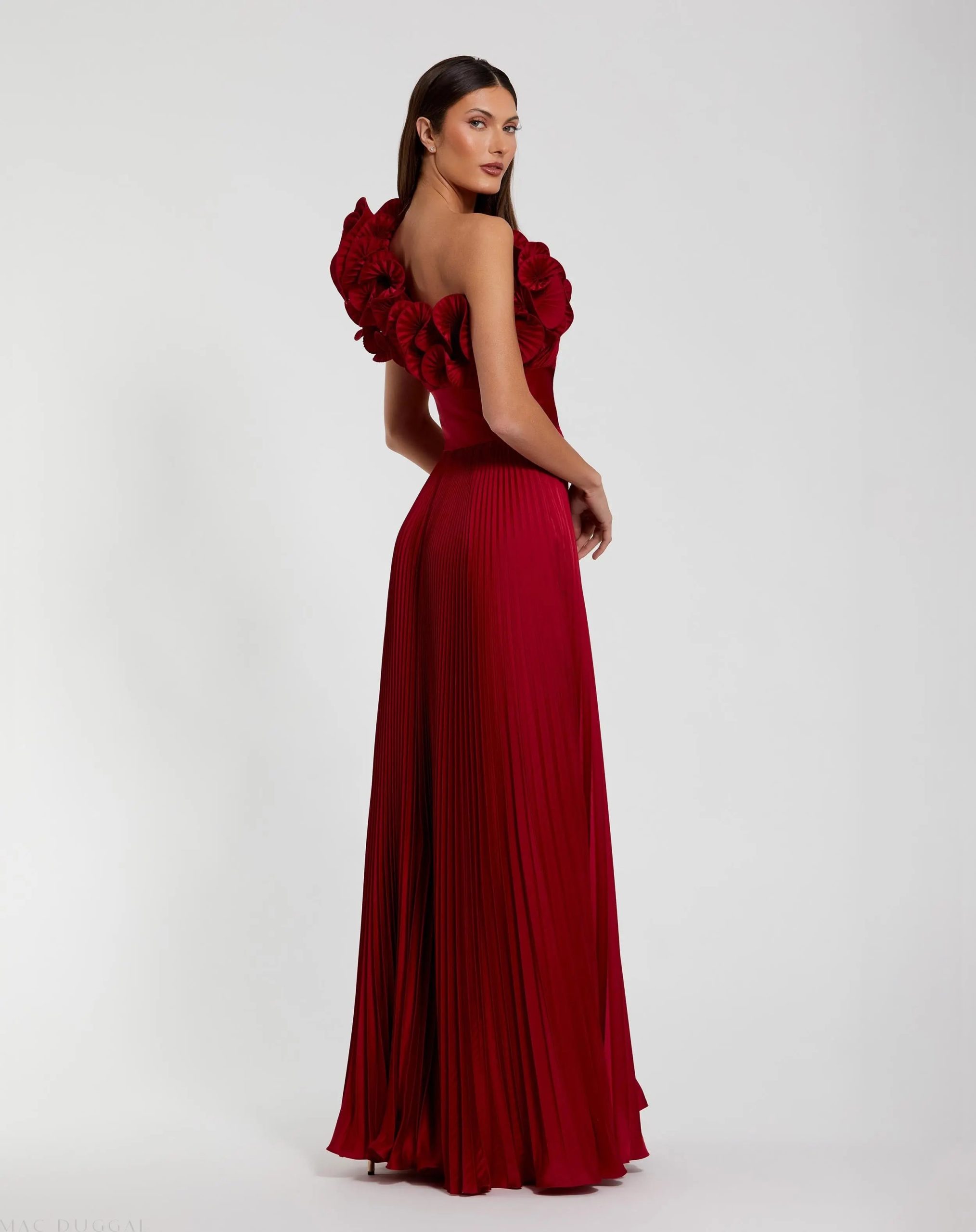 Red Pleated Charmeuse One-Shoulder Evening Gown with Ruffle Detail - Image 3