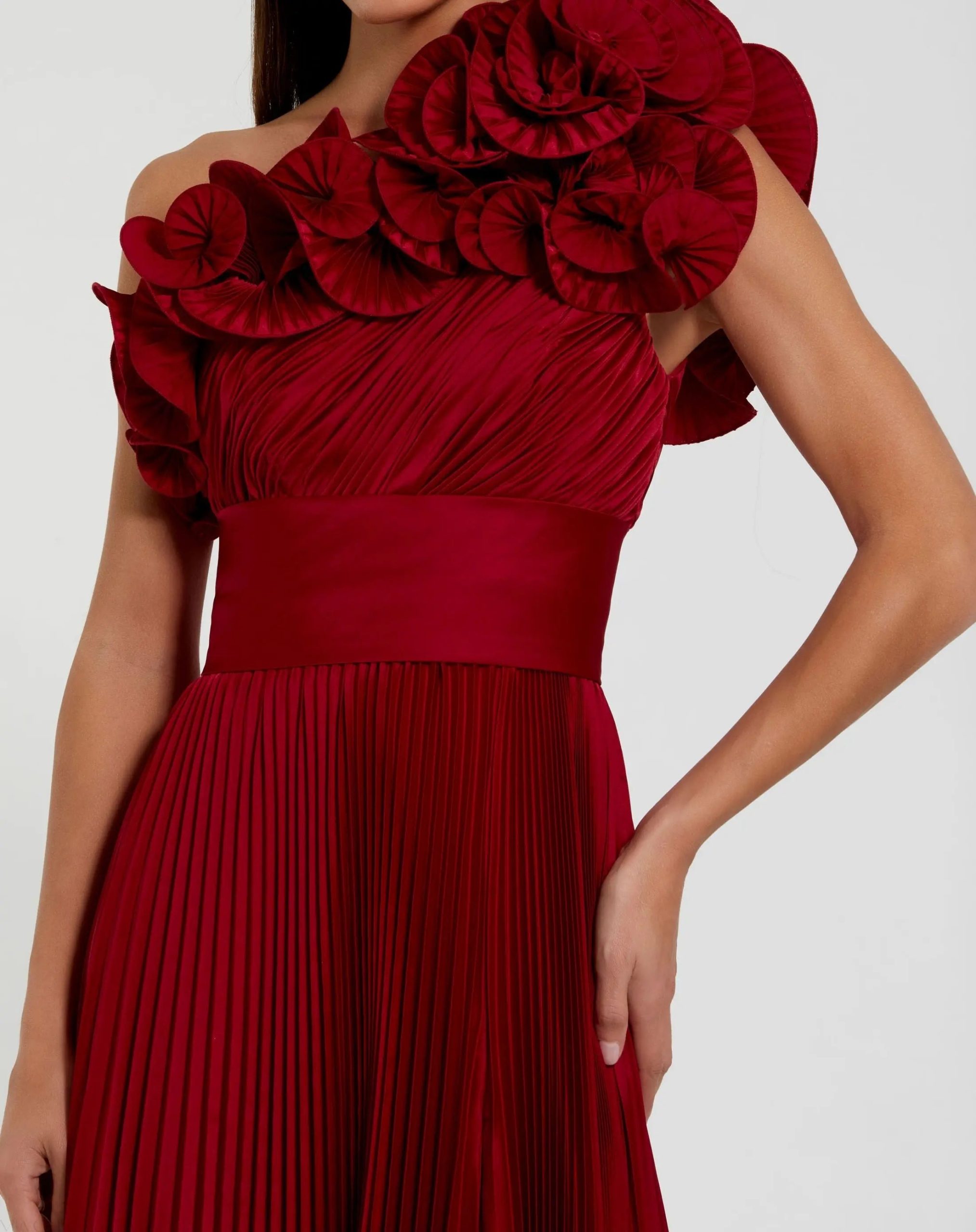 Red Pleated Charmeuse One-Shoulder Evening Gown with Ruffle Detail - Image 2