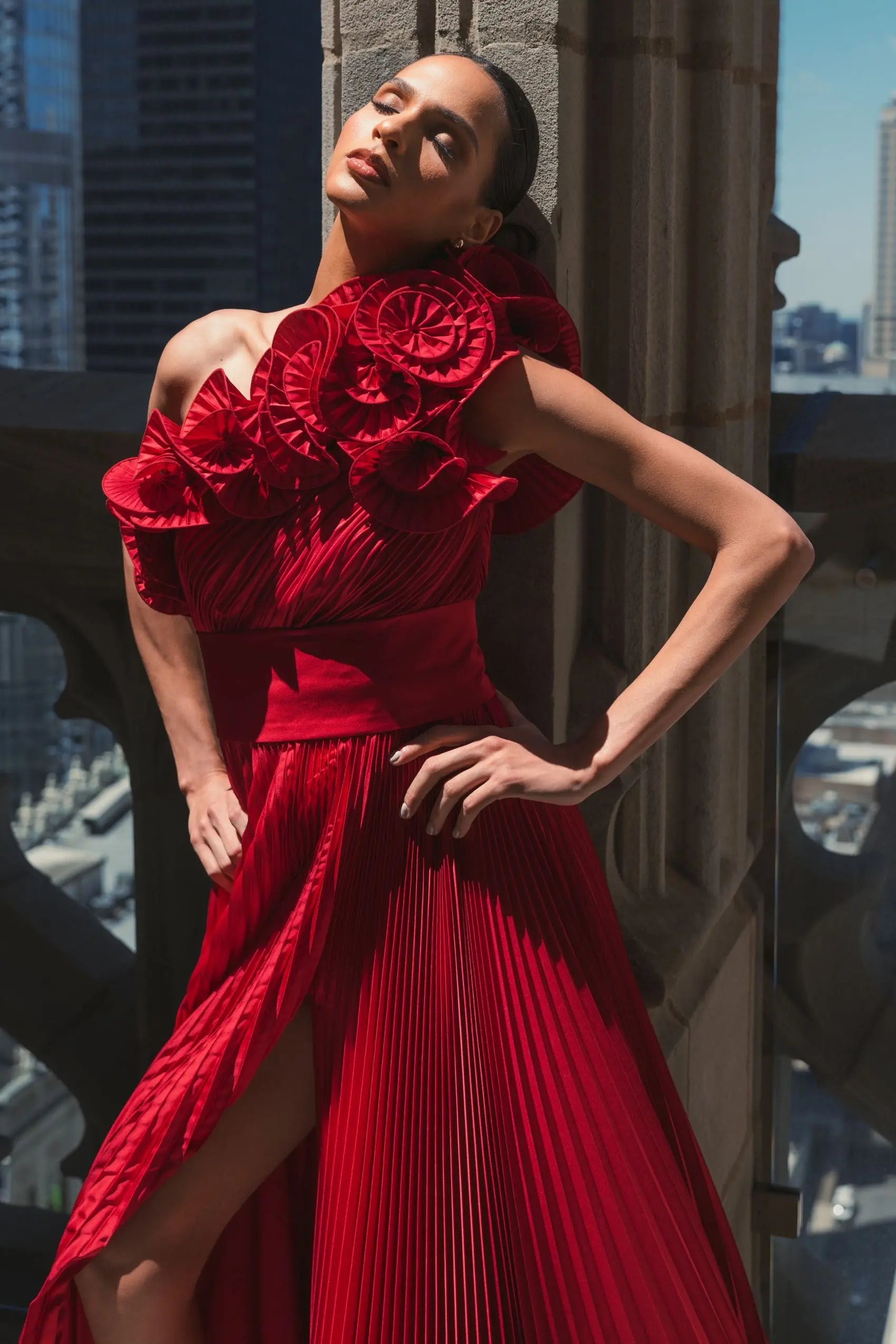 Red Pleated Charmeuse One-Shoulder Evening Gown with Ruffle Detail - Image 5