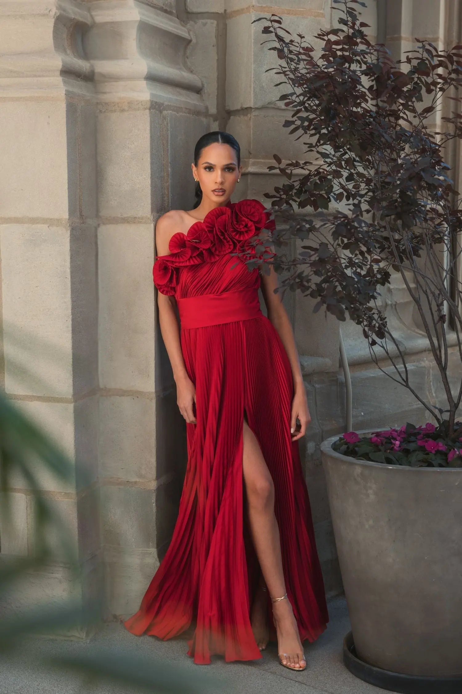 Red Pleated Charmeuse One-Shoulder Evening Gown with Ruffle Detail - Image 4