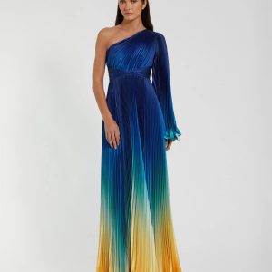 Blue Pleated Charmeuse One Shoulder Ombre Gown