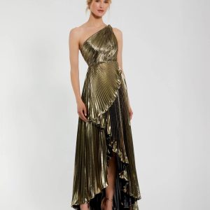Gold Pleated Metallic One Shoulder High Low Gown