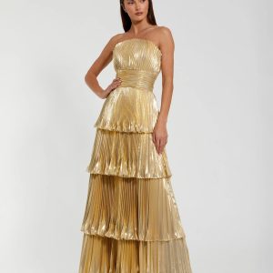 Gold Strapless Pleated Metallic Layered Ruffle Gown