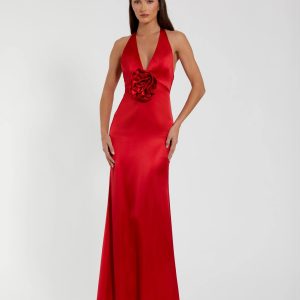 Red Fitted Satin Sleeveless Halter Gown With 3D Flower