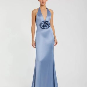 Blue Halter Neck Open Back Satin Gown With 3D Rosette