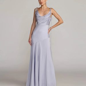 Purple Charmeuse Cowl Gown With Thin Bow Straps
