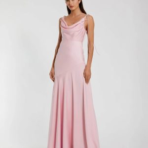 Pink Charmeuse Cowl Neck Gown with Bow Straps