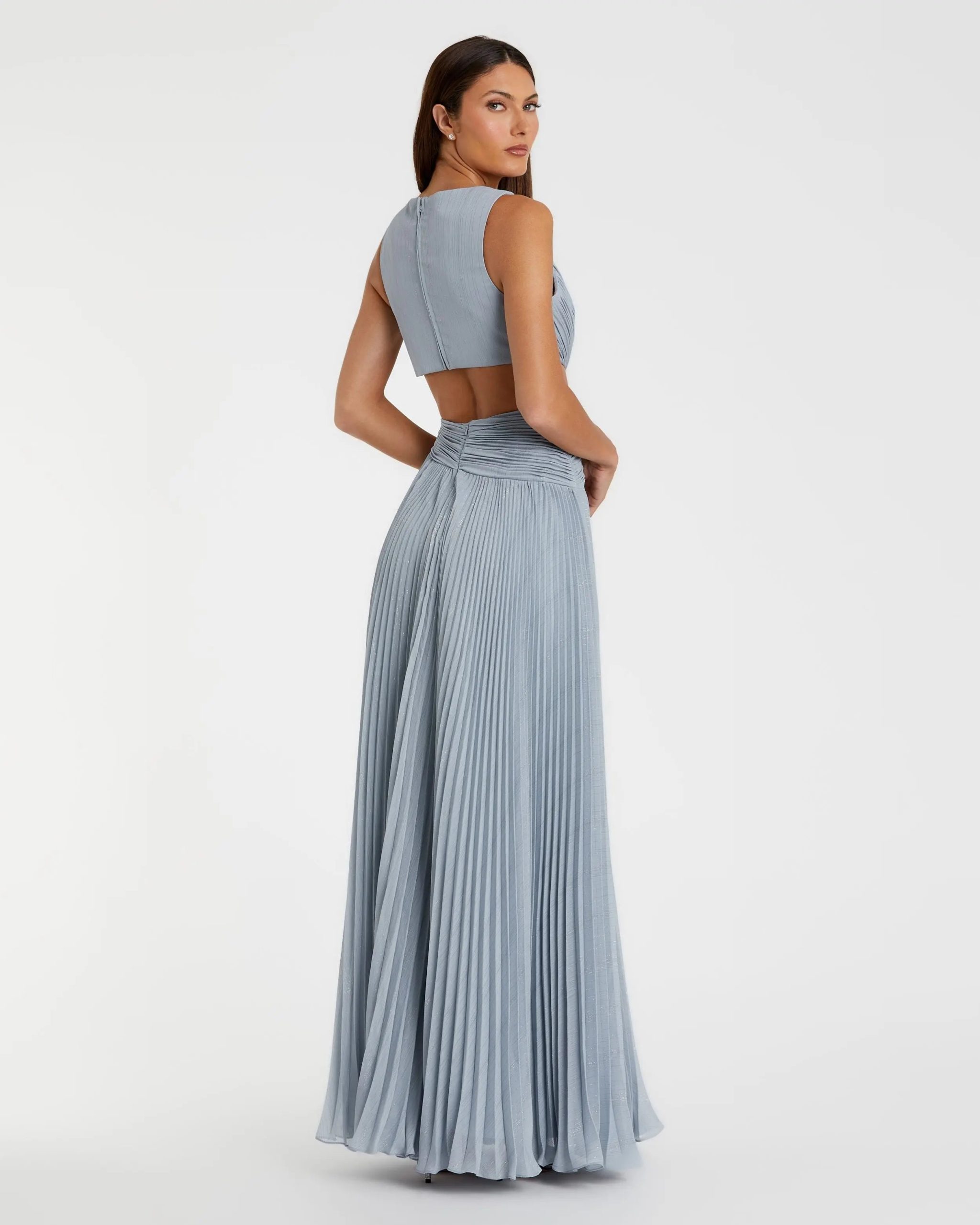 Blue Ruched Chiffon Sleeveless Gown With 3D Flower - Image 3