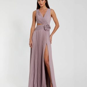 Purple Ruched Chiffon Sleeveless Gown With 3D Flower