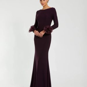 Purple Long Sleeve Fitted Jersey Gown With 3D Flowers
