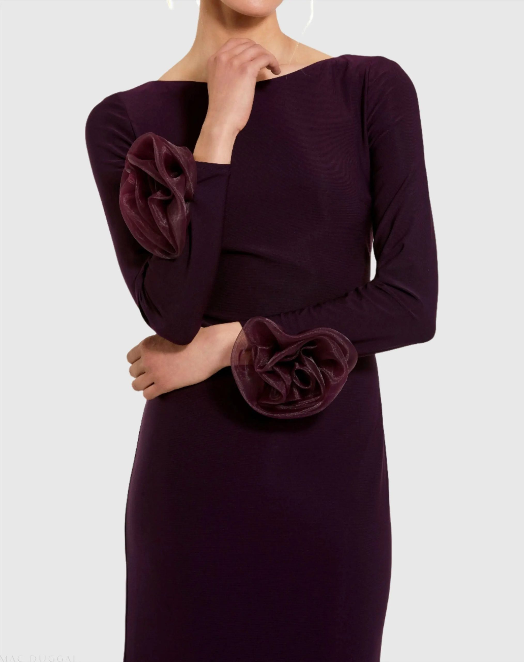 Purple Long Sleeve Fitted Jersey Gown With 3D Flowers - Image 2