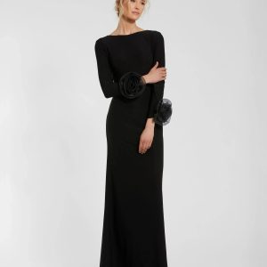 Black Long Sleeve Fitted Jersey Gown With 3D Flowers