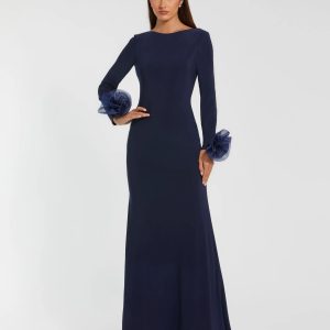 Navy Long Sleeve Fitted Jersey Gown With 3D Flowers