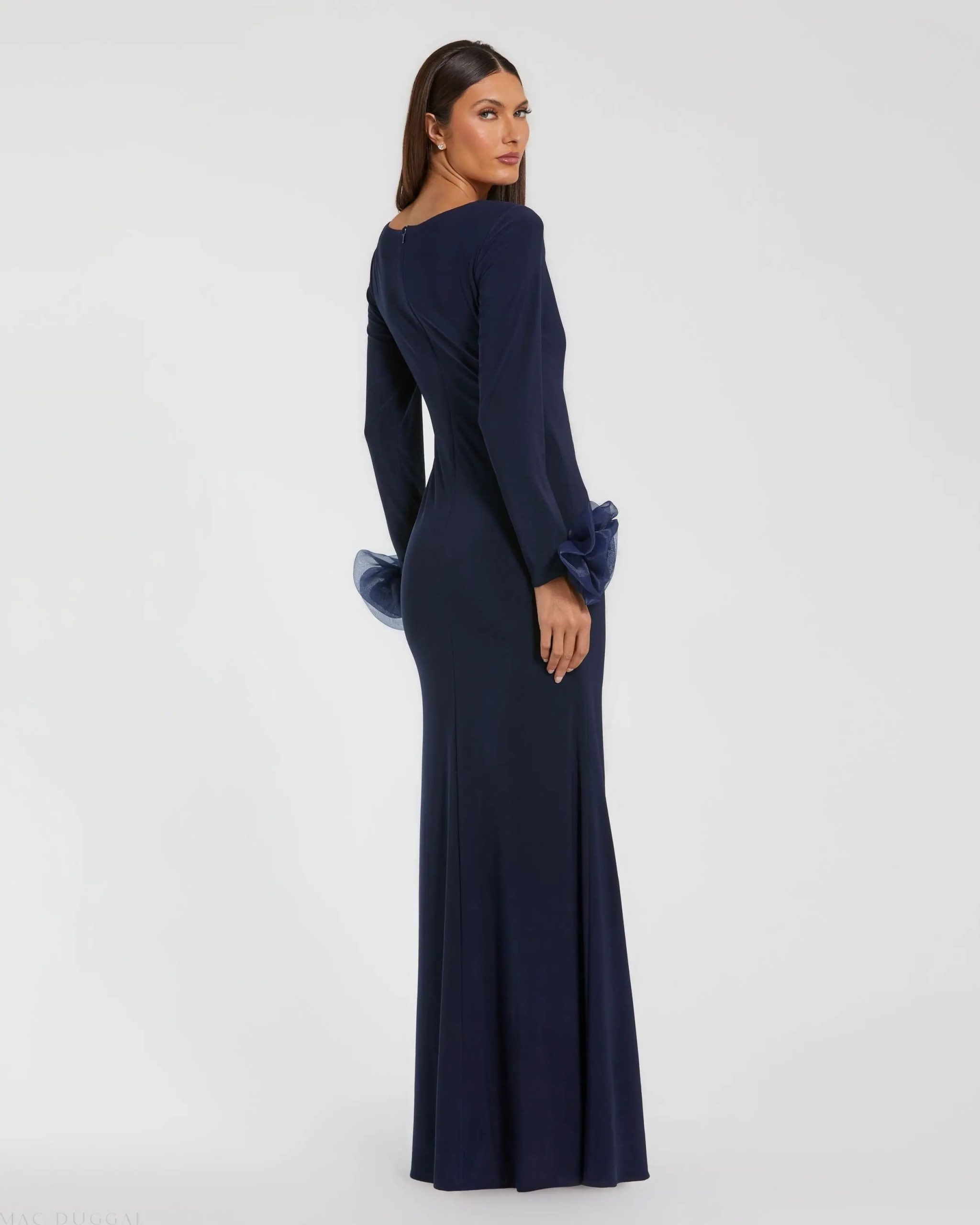 Navy Long Sleeve Fitted Jersey Gown With 3D Flowers - Image 3