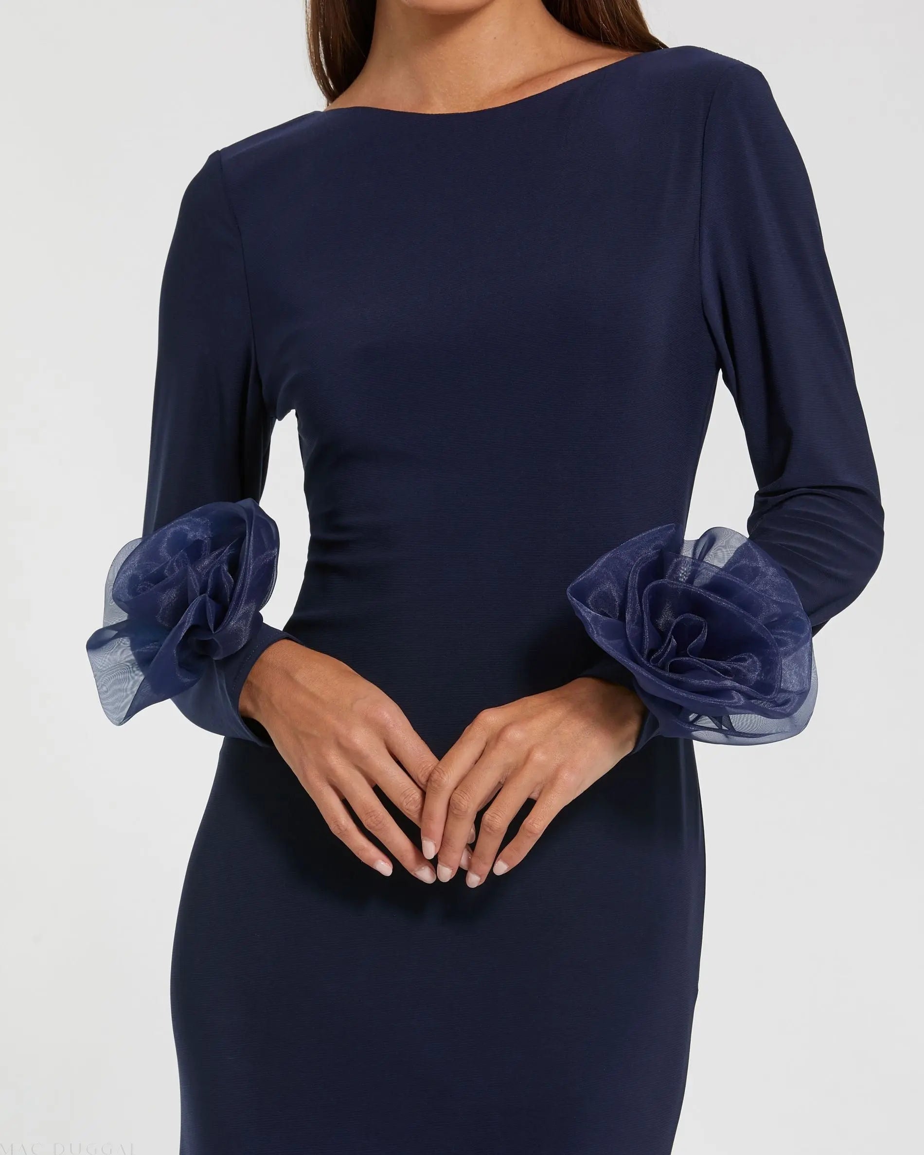 Navy Long Sleeve Fitted Jersey Gown With 3D Flowers - Image 2