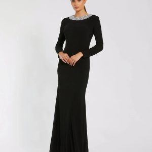 Black Jersey Long Sleeve Fitted Gown With Beaded Neck