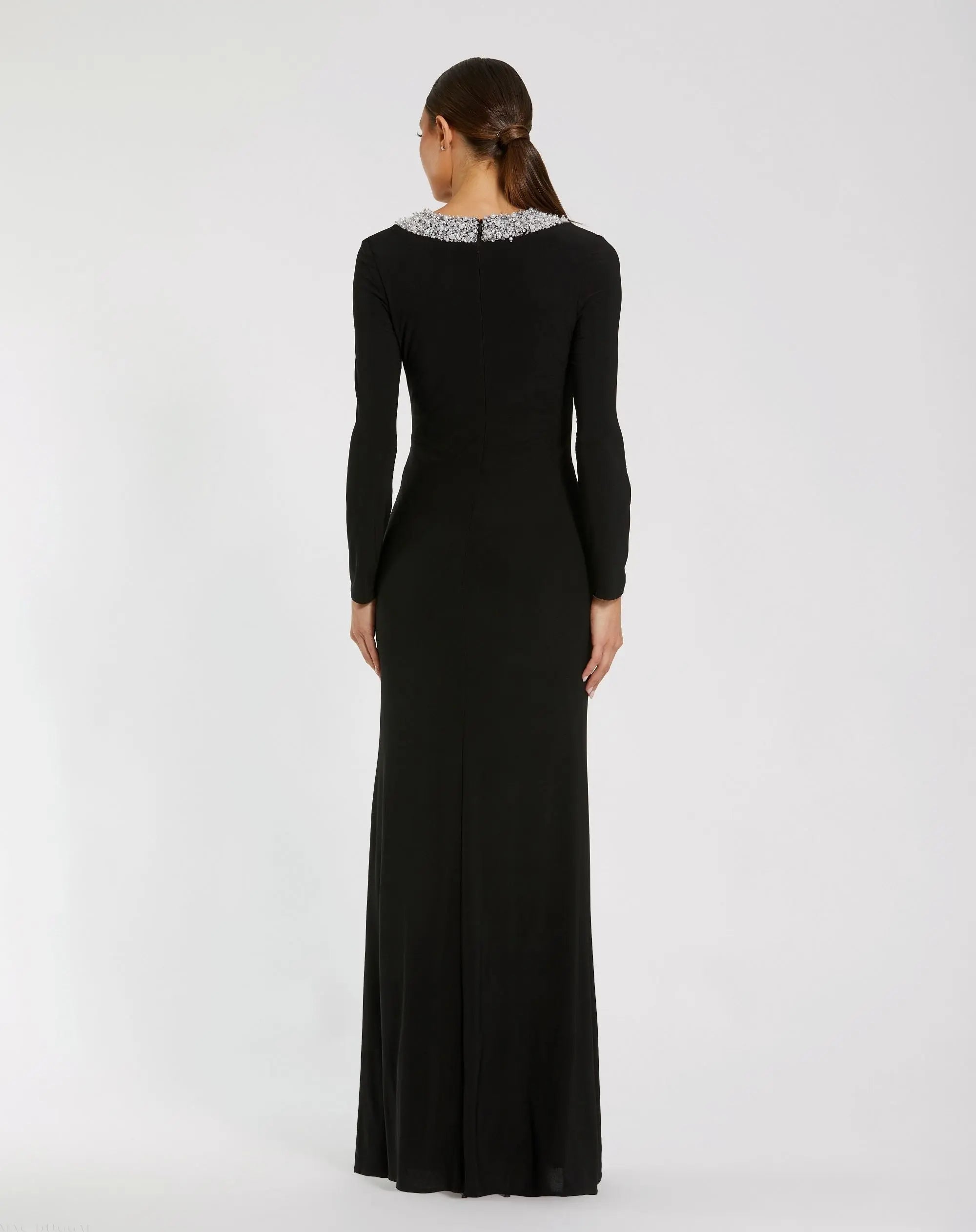 Black Jersey Long Sleeve Fitted Gown With Beaded Neck - Image 3