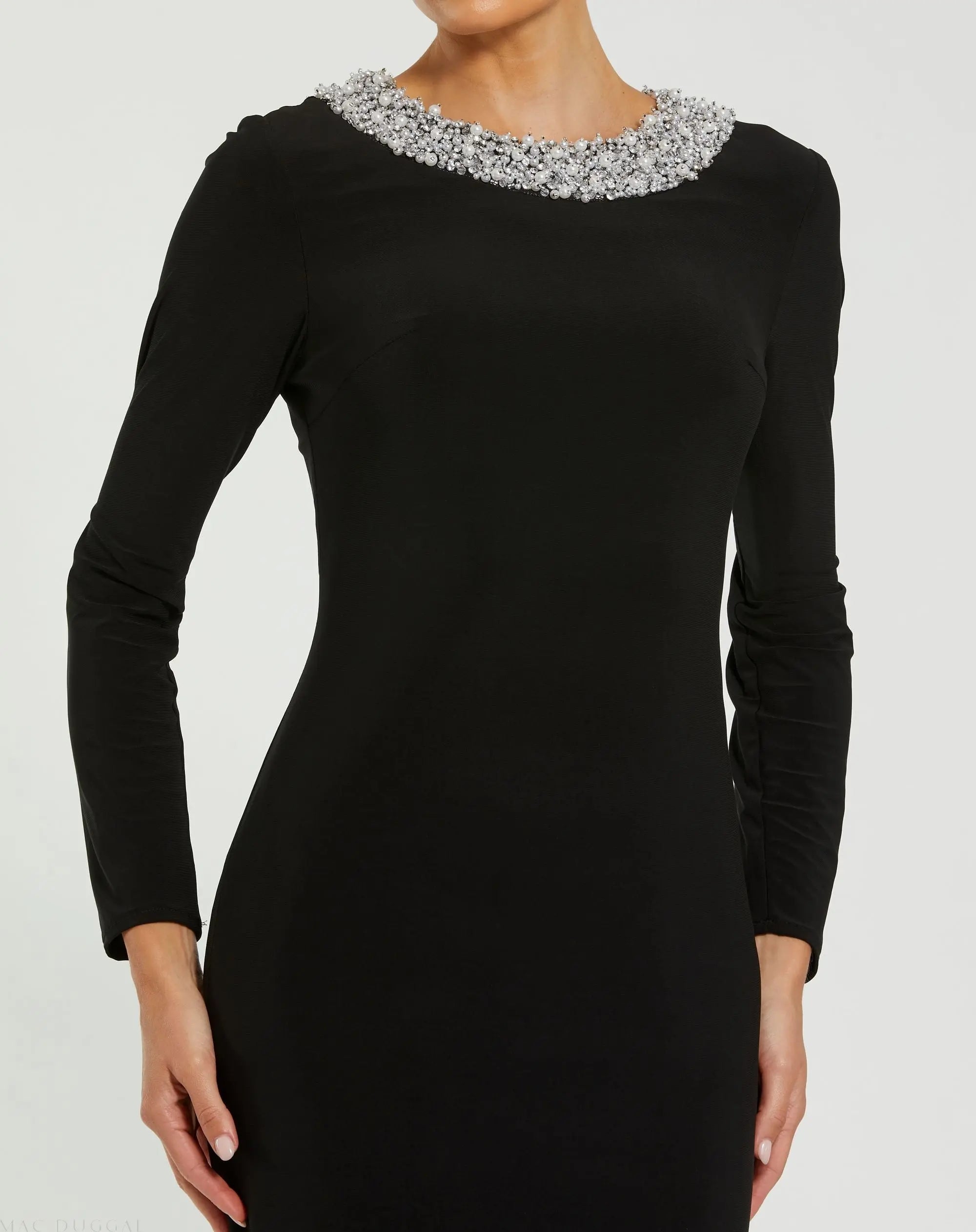 Black Jersey Long Sleeve Fitted Gown With Beaded Neck - Image 2