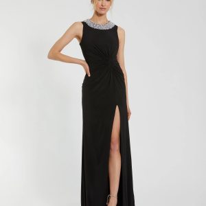 Black Jersey Sleeveless Beaded Neck Gown With Twist