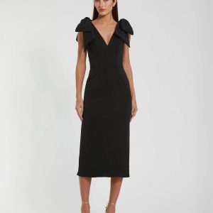 Black Bow Strap Crepe Fitted Midi Dress