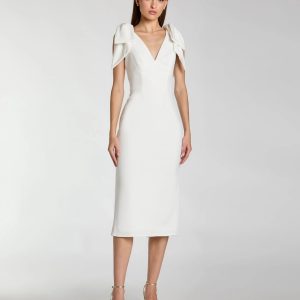 White Sleeveless Crepe Midi Dress with Bow Straps
