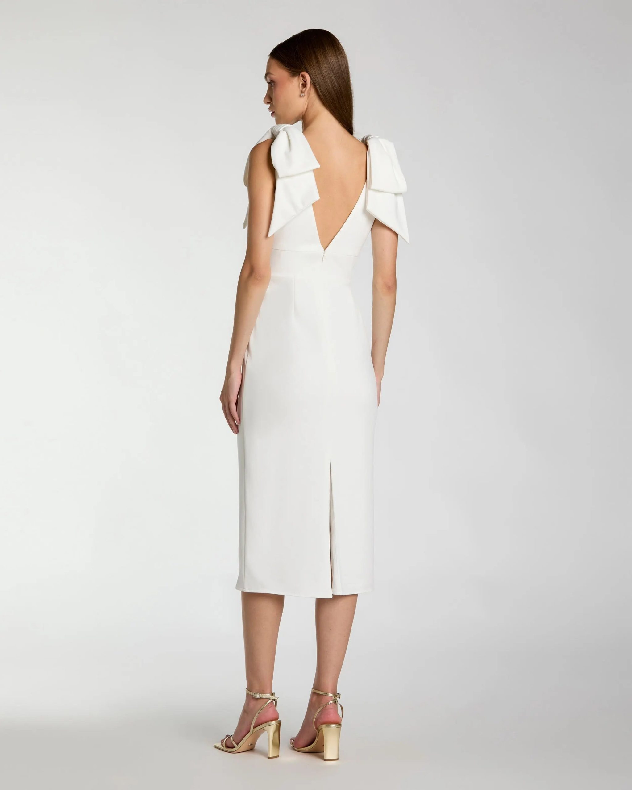 White Sleeveless Crepe Midi Dress with Bow Straps - Image 3