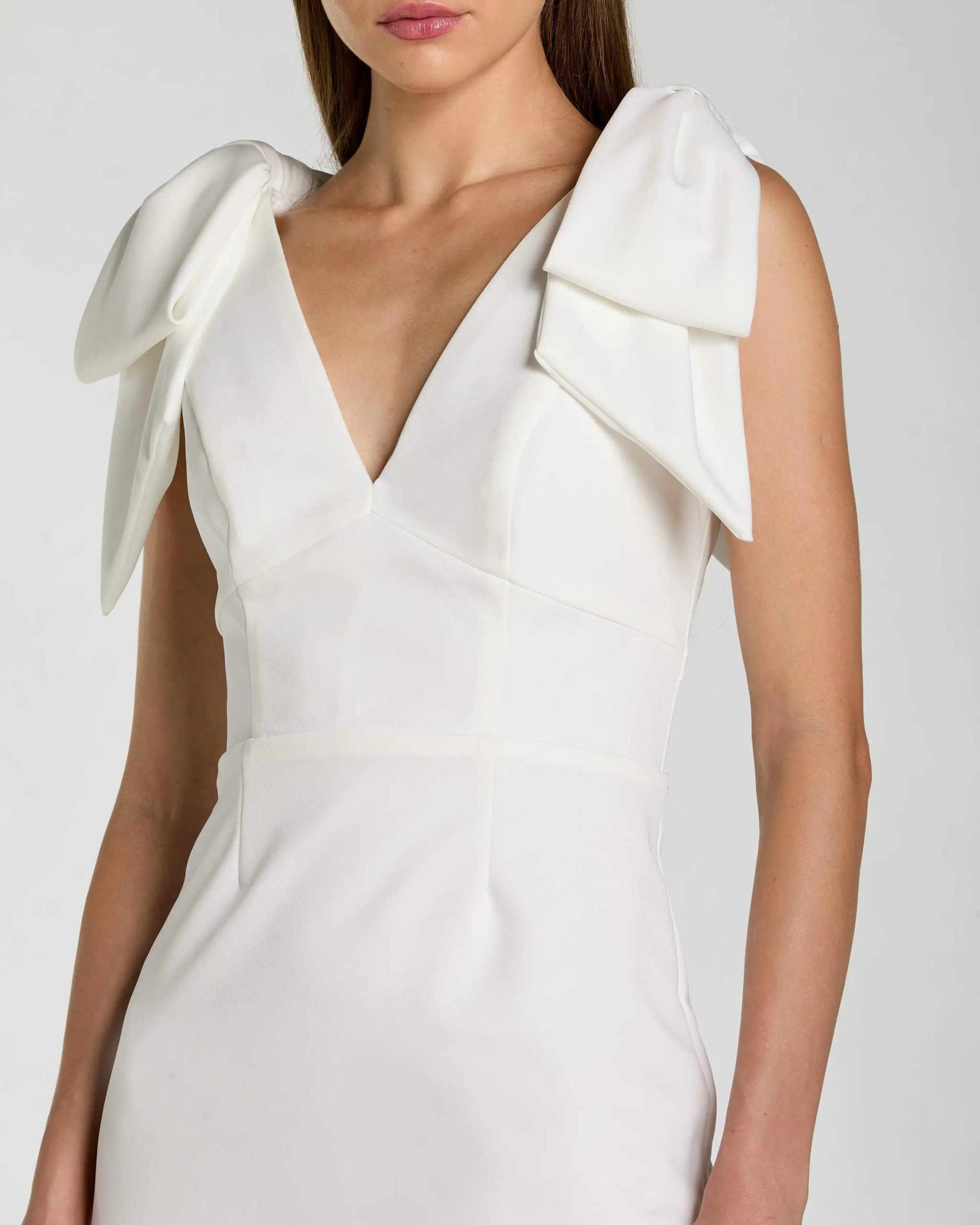 White Sleeveless Crepe Midi Dress with Bow Straps - Image 2