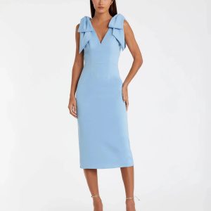 Blue Bow Strap Crepe Fitted Midi Dress