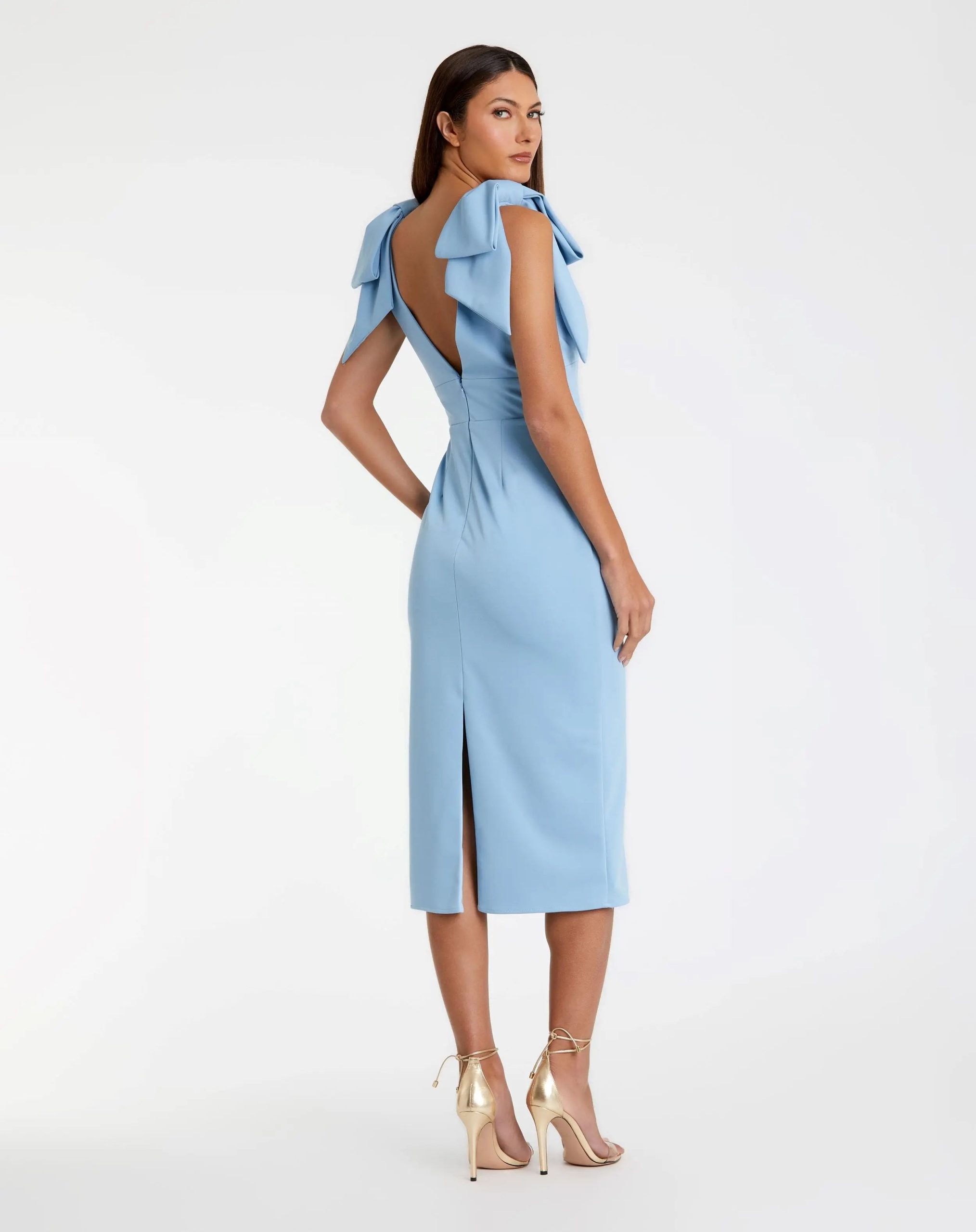 Blue Bow Strap Crepe Fitted Midi Dress - Image 3