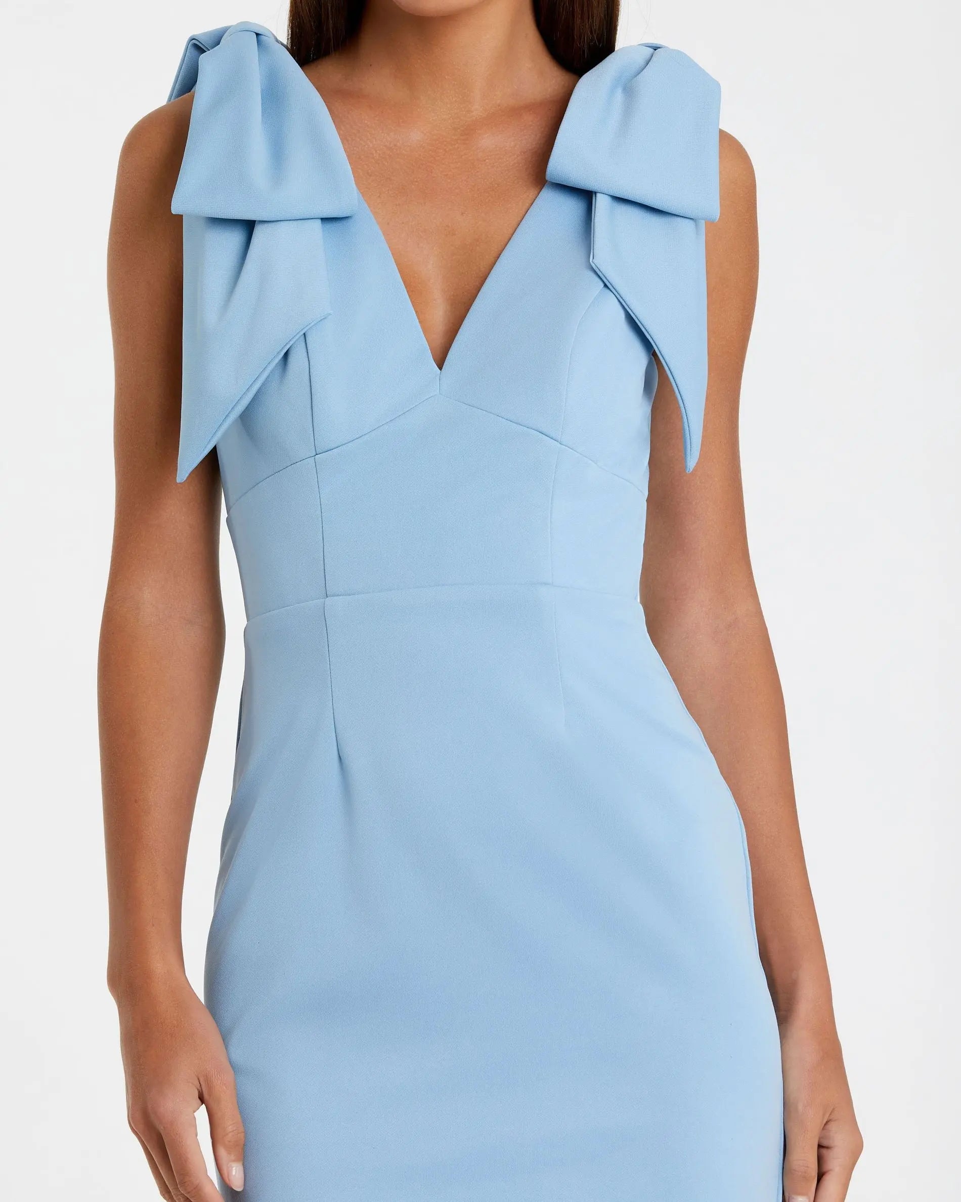 Blue Bow Strap Crepe Fitted Midi Dress - Image 2
