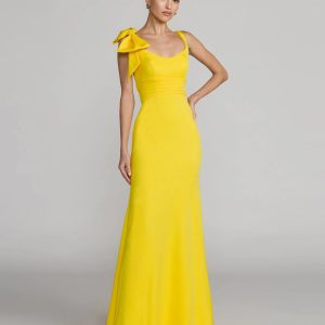 Yellow Scoop Neck Trumpet Gown with Bow