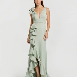Green Sleeveless Ruffled V-Neck Gown With Bow