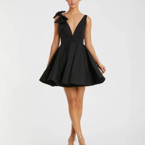 Black Crepe Sleeveless V-Neck Mini Dress With Bow