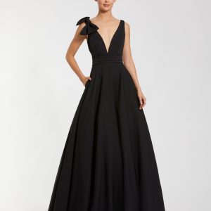 Black Sleeveless Plunge Neck Ball Gown With Bow Detail