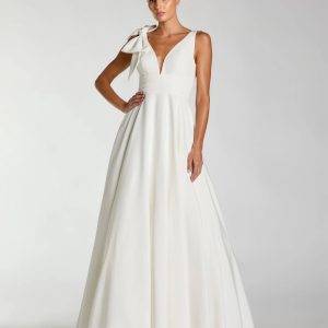 White Sleeveless Plunge Neck Ball Gown With Bow Detail