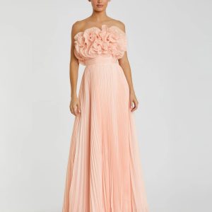 Pink Pleated Chiffon Strapless Gown With Ruffles