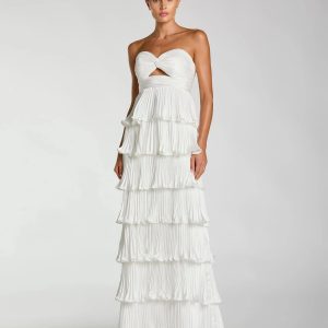 White Pleated Charmeuse Strapless Tiered Ruffle Gown