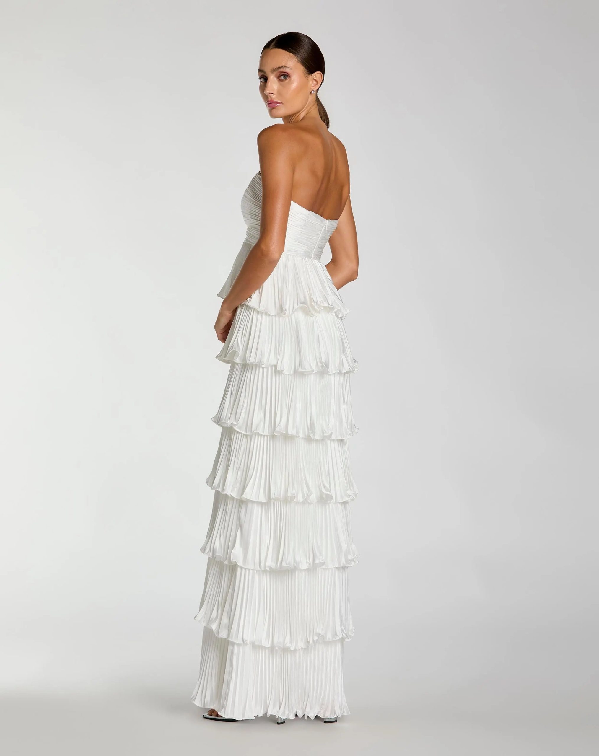 White Pleated Charmeuse Strapless Tiered Ruffle Gown - Image 3