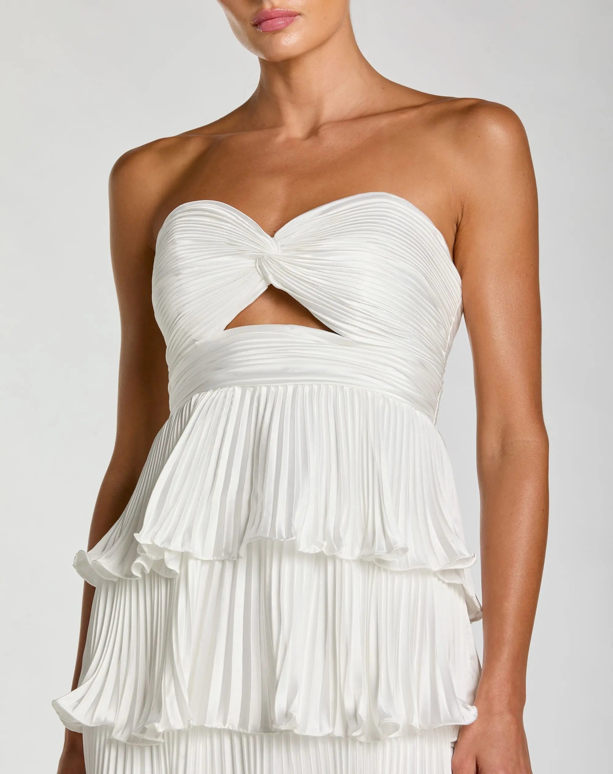 White Pleated Charmeuse Strapless Tiered Ruffle Gown - Image 2
