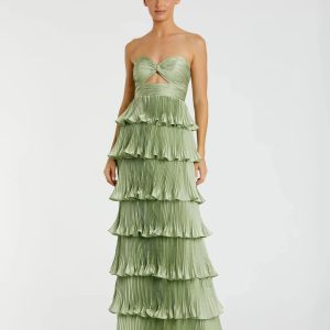 Green Pleated Charmeuse Strapless Tiered Ruffle Gown