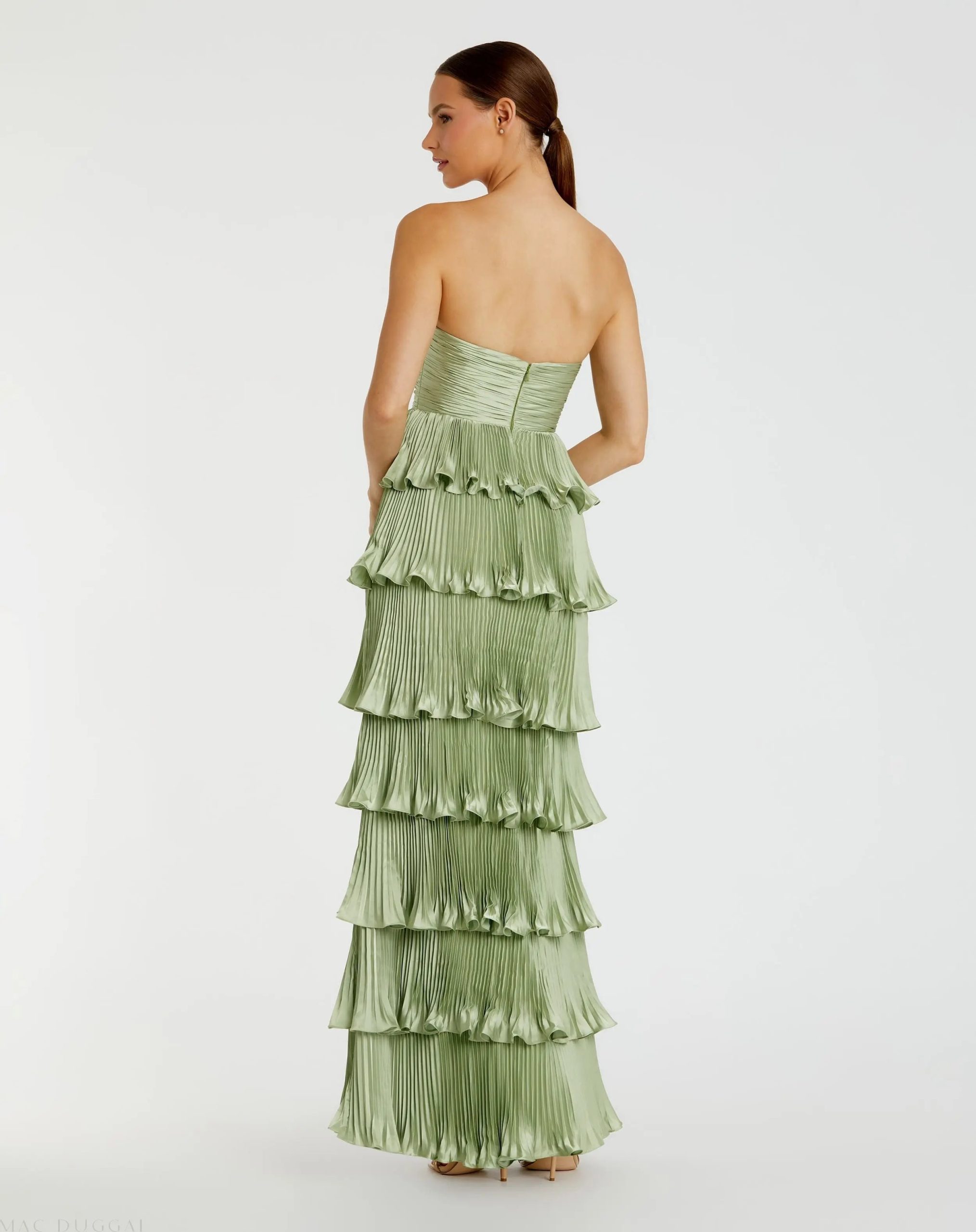 Green Pleated Charmeuse Strapless Tiered Ruffle Gown - Image 3
