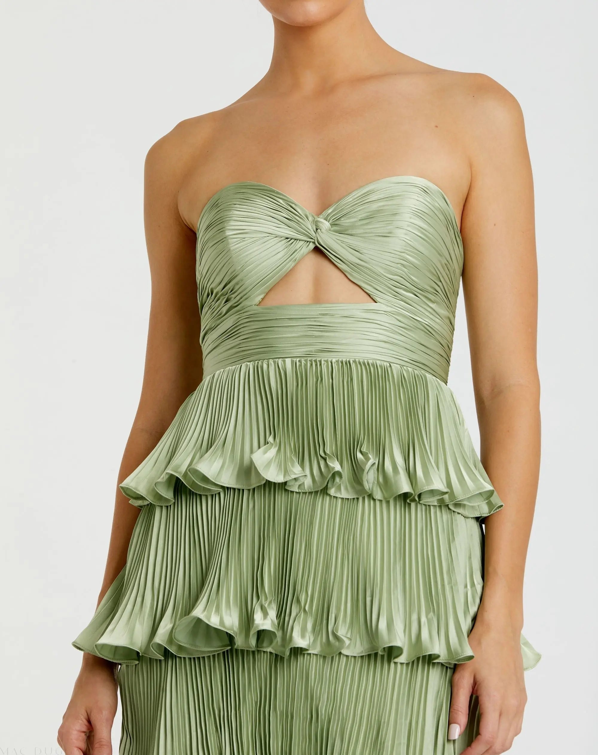 Green Pleated Charmeuse Strapless Tiered Ruffle Gown - Image 2